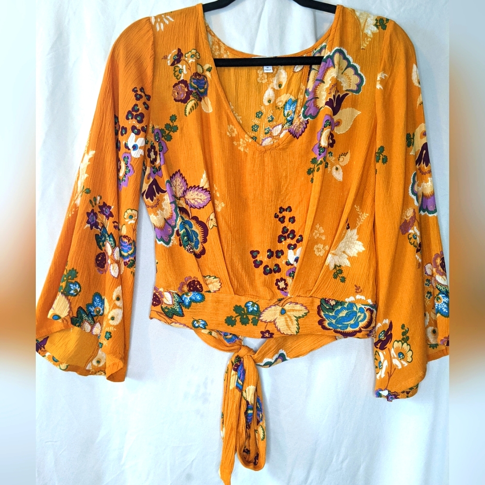 Patrons of Peace Mustard Floral Tie-Front Wrap Blouse